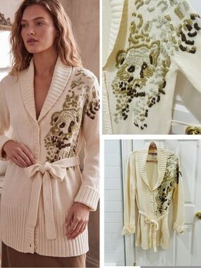 Vintage 90s Together Ivory Chunky Wool Bear Embroidered Cardigan Shawl Collar L